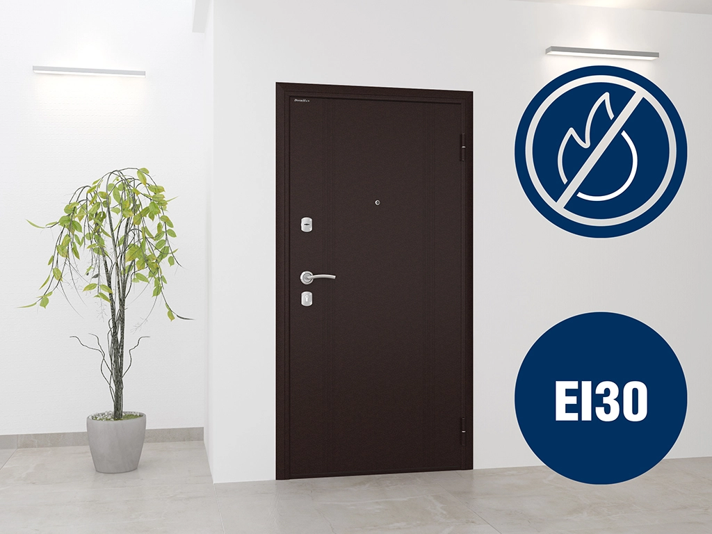 Дополнительно на бытовую дверь «ОПТИМ» можно установить противопожарную терморасширяющуюся ленту. При воздействии высоких температур наполнитель ленты расширяется, заполняя зазоры и препятствуя проникновению дыма. Предел огнестойкости двери при применении терморасширяющейся ленты составляет не менее 30 минут (EI30), что подтверждено сертификатом соответствия ГОСТ Р 53307-2009.